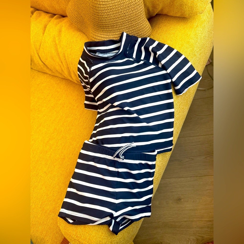 Adorable Janie and Jack swim set. Navy and white stripes. 12-18 months.